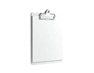 Isolated, white clipboard, blank paper, metallic clip, floating in the black void