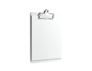 Isolated, white clipboard, blank paper, metallic clip, floating in the black void