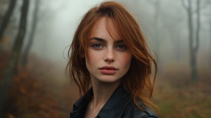 Naklejka premium red hair woman calm looking at camera at misty wood trail 
