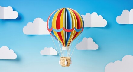 Obraz premium Colorful paper hot air balloon with white paper clouds against a bright blue background, creating a cheerful and whimsical atmosphere for travel and adventure