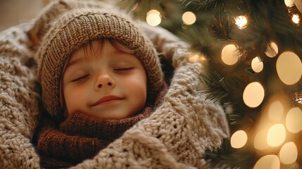 Cozy Child Sleeping in Knitted Scarf Near Christmas Tree Lights