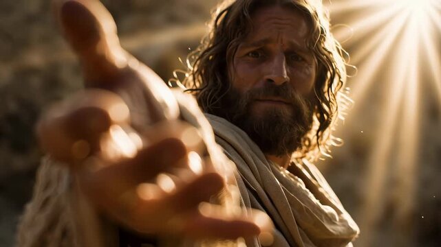A man portraying Jesus Christ extends his hand toward the viewer, offering salvation with light rays in the background.
