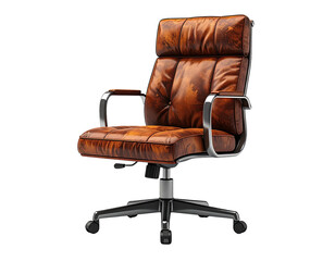 Detailed shot of a high-backed, tufted leather office chair with chrome arms