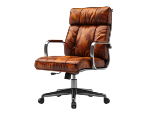 Detailed shot of a high-backed, tufted leather office chair with chrome arms