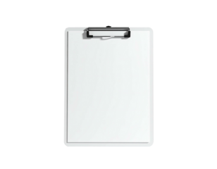 A blank white rectangular clipboard with a clip-on device over a black background