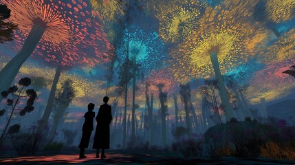 Fototapeta premium dreamy fantasy theme, silhouette shadow of couple standing together under colorful tree, otherworldly scenery 