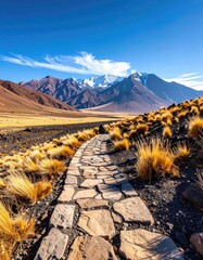 Stone path towards snowy peaks afar
