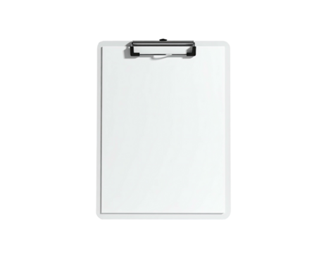 A blank white rectangular clipboard with a clip-on device over a black background