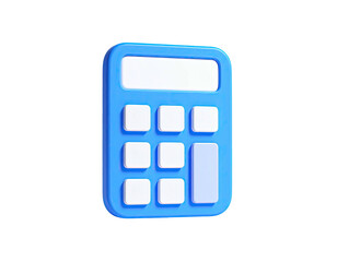 A 3D rendering of a light blue calculator with white buttons on a black background