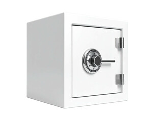 A white square safe with a dial and hinges. Metallic details. Isolated on black