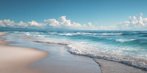 Obraz premium Tranquil Beach Scene with Soft Sand and Serene Blue Ocean Under Bright Sunny Sky