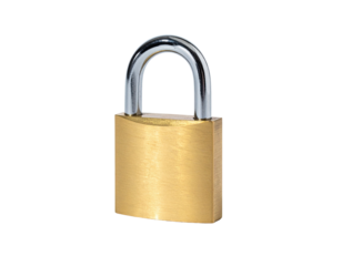 Close-up of a brass padlock with a chrome shackle on a black background
