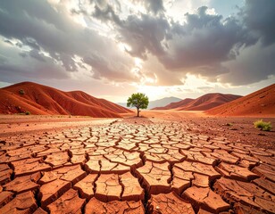 Cracked earth, lonely tree, desert vista