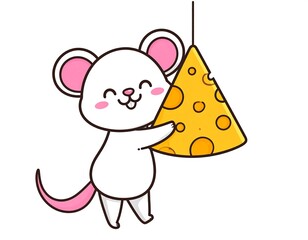 Cute Mouse Holding Cheese, Cartoon Illustration.