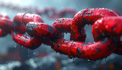 Red painted chain links in rain