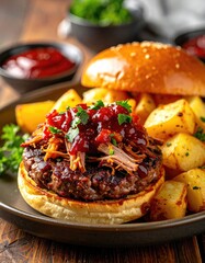 Pulled pork burger with roasted potatoes