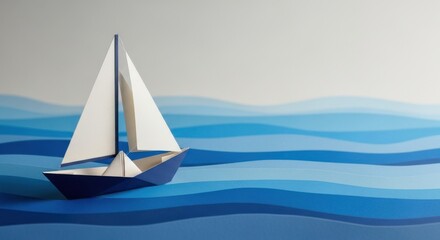 Paper sailboat floating on a textured blue paper sea with layered wave effect under a white sky, perfect for nautical or craft designs and concepts