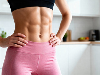 Close-up view of a fit woman's abdomen with visible defined abs, highlighting a healthy and toned physique.