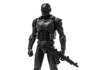 A futuristic, armored figure with glowing red eyes, holding a rifle