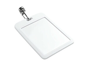 White, rectangular badge holder with a silver clasp, isolated on a black background