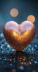 Fototapeta premium Shiny, glittery heart against a dark, bokeh backdrop