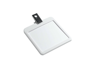 A blank, white rectangular badge with a metal clip, isolated against a black background