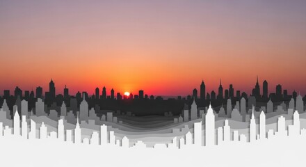 Fototapeta premium City skyline silhouetted against a vibrant sunset, with building forms and layered paper effect, creating depth and a unique visual composition. Nature meets architecture with the sunset.