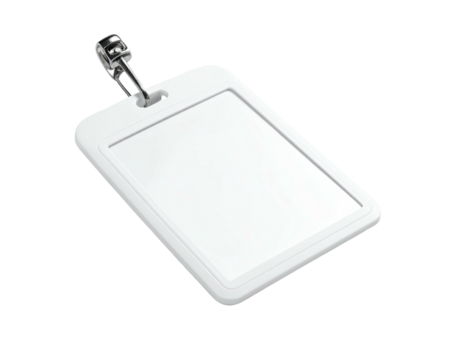White, rectangular badge holder with a silver clasp, isolated on a black background