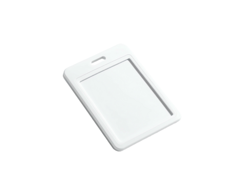An isolated, white, rectangular ID badge holder with a keyhole opening