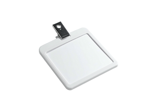 A blank, white rectangular badge with a metal clip, isolated against a black background