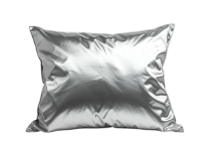A plump, rectangular pillow with a smooth, silver, reflective, fabric casing
