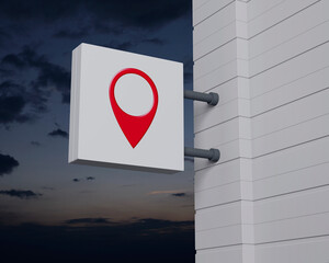 Map pin point location icon on hanging white square signboard over sunset sky, Map pointer navigation concept, 3D rendering