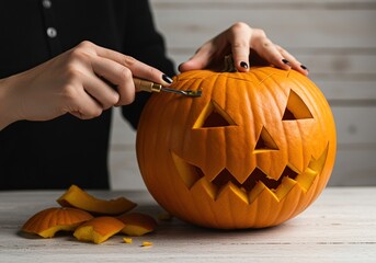 Person Carving a Jack O Lantern for Halloween Celebration.