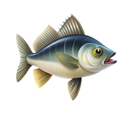 Cartoon fish with yellow eye and red mouth isolated on a transparent background