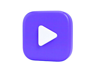 A 3D, glossy, purple square button with a white play symbol in the center