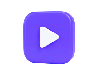 A 3D, glossy, purple square button with a white play symbol in the center