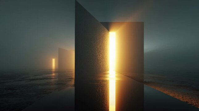 Mysterious glowing light portal in foggy dark environment. Abstract futuristic gate to unknown destination. Fantasy world concept.