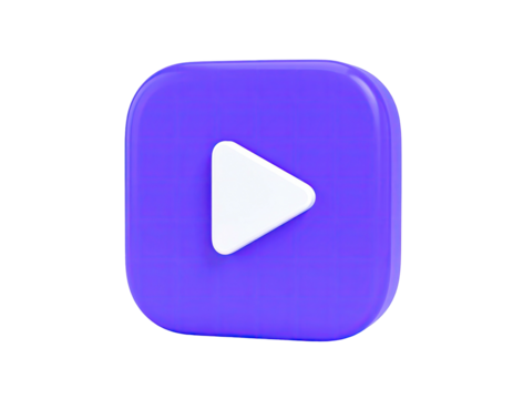A 3D, glossy, purple square button with a white play symbol in the center
