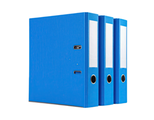 Three blue ring binders with white spines arranged against a black background