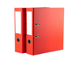Two red ring binders stand upright on a plain white background