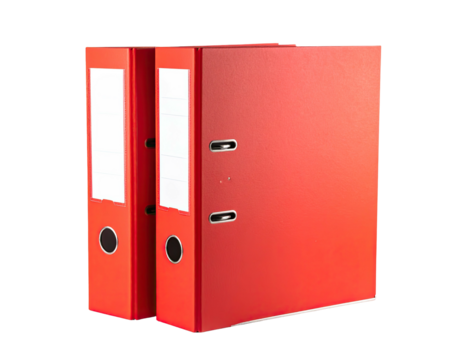 Two red ring binders stand upright on a plain white background