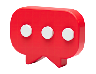 3D rendering of a vibrant red speech bubble with white dots on black