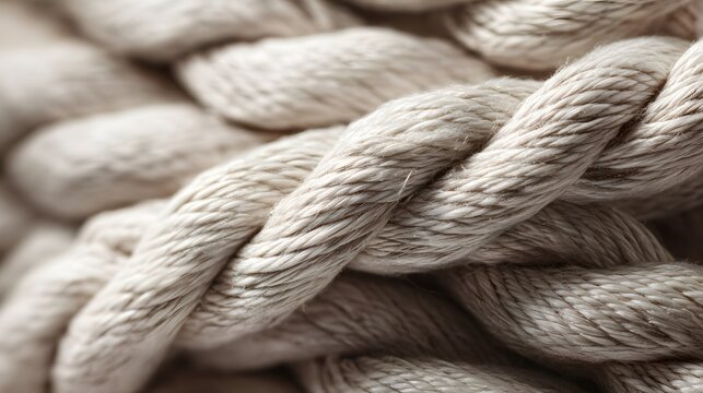 Detailed macro photograph showcases a sturdy, thick rope with intricate twists and textured surface, offering a  view with natural lighting and neutral tones, highlighting the robust fibers.