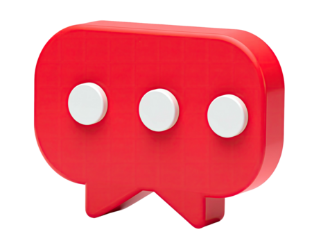 3D rendering of a vibrant red speech bubble with white dots on black