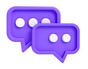 Two purple 3D speech bubbles with white dots on a black background