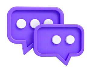 Two purple 3D speech bubbles with white dots on a black background
