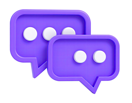 Two purple 3D speech bubbles with white dots on a black background