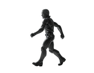 Monochrome rendering of a muscular human figure in motion, walking to the left