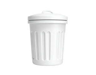White trash receptacle with a lid and handle, set against a black background