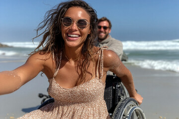 Couple Enjoying Wheelchair Accessible Beach Vacation Travel Summer